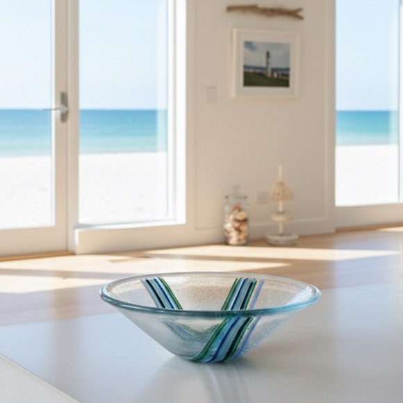 Studio Blown Art Glass Trinket Dish Bowl With Bubbles & Hand Painted Stripes 6” - Picture 1 of 8